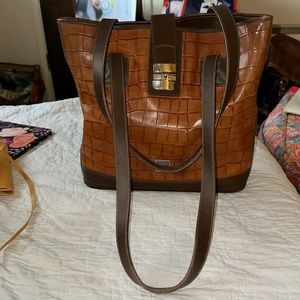 Dooney and Bourke 2-Tone Brown Croc Embossed large Bucket Tote Shoulder Bag (H)